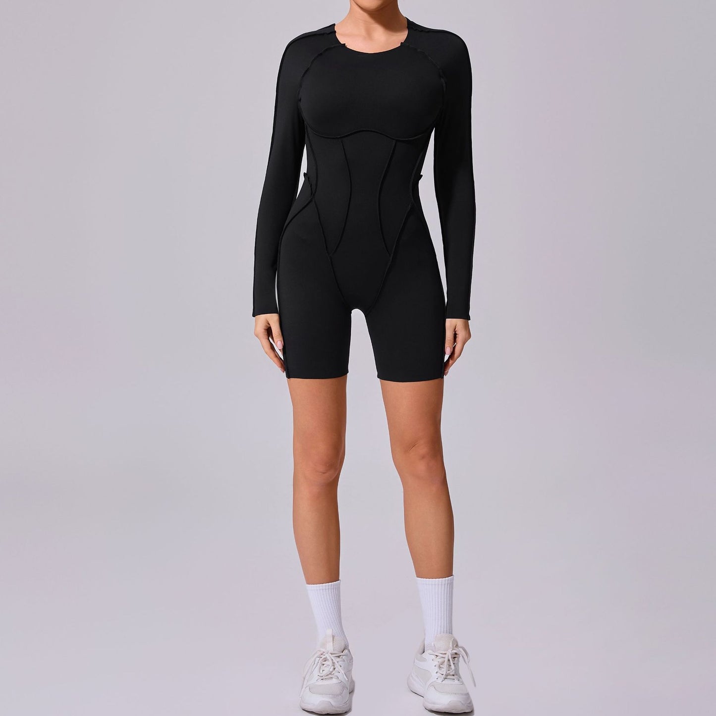 Women's Long Sleeve Round Neck Spliced Bodysuit with 3D Stitching Open Back Fitness and Yoga Apparel Model 24102