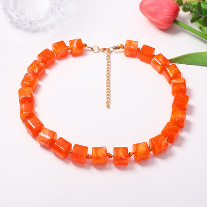 Versatile Creative Colorful Ombre Geometric Resin Square Beaded Necklace - Minimalist Women's Jewelry for Everyday Elegance
