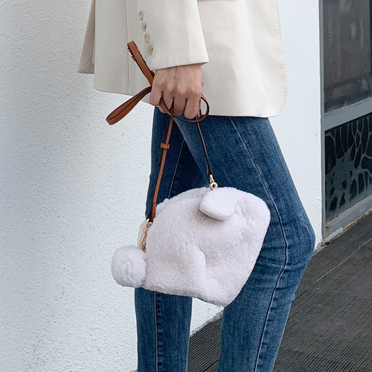 Chic Plush Lambswool Women's Shoulder Bag Rabbit Design Crossbody Bag Unique Cartoon Animal Style for Fashion forward Individuals