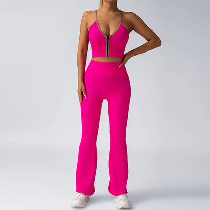 High Waisted Yoga Set with Zippered Flared Pants and Built In Chest Padding for Outdoor Sports Fit and Fashion