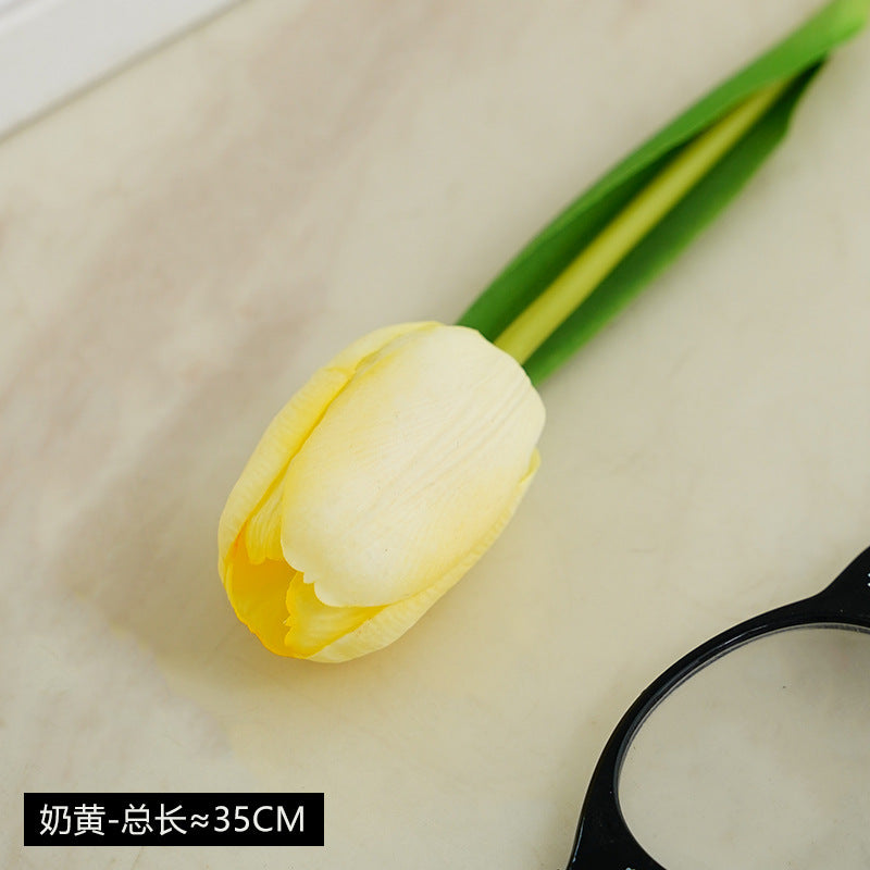 Luxury Short Stem Silk Touch Moisturizing Faux Tulip Flowers - Elegant Home Décor Centerpiece for Living Room and Dining Table