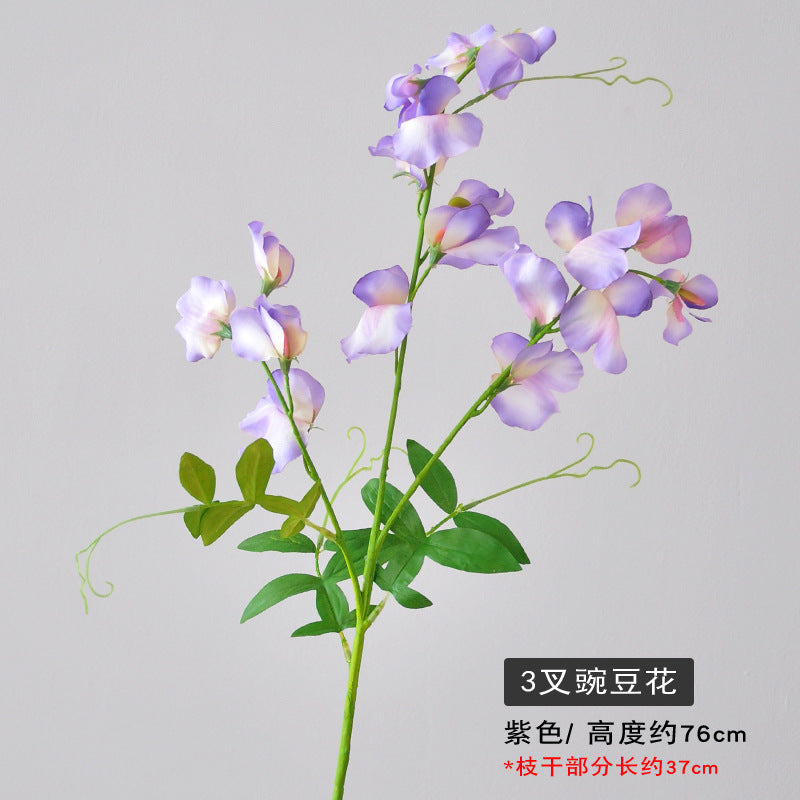 Realistic 3-Pronged Pea Blossom Faux Flower for Living Room Home Décor - Perfect for Weddings & Events - 3D Printed Single Stem with Leaves