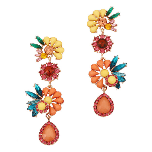 Elegant  Colorful Floral Long Drop Earrings for Women - Stunning Vintage-Inspired Design with Beautiful Gemstone Accents