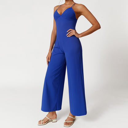 Chic Backless V Neck Jumpsuit with Adjustable Straps Solid Color Yoga Pants for Comfort and Flexibility