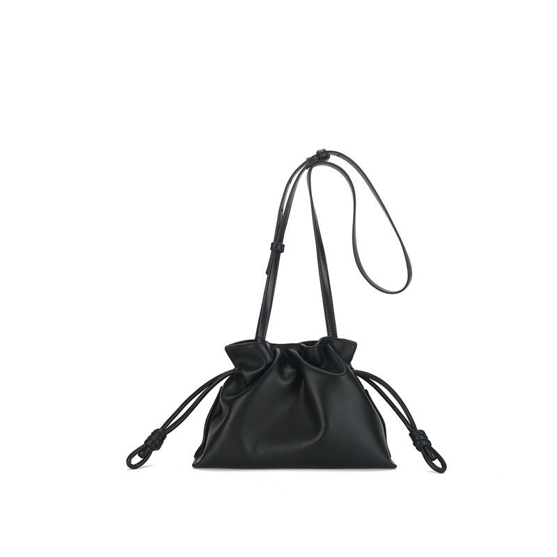 Minimalist Genuine Leather Women's Crossbody Bucket Bag Drawstring Mini Purse with Shoulder Strap for Everyday Use