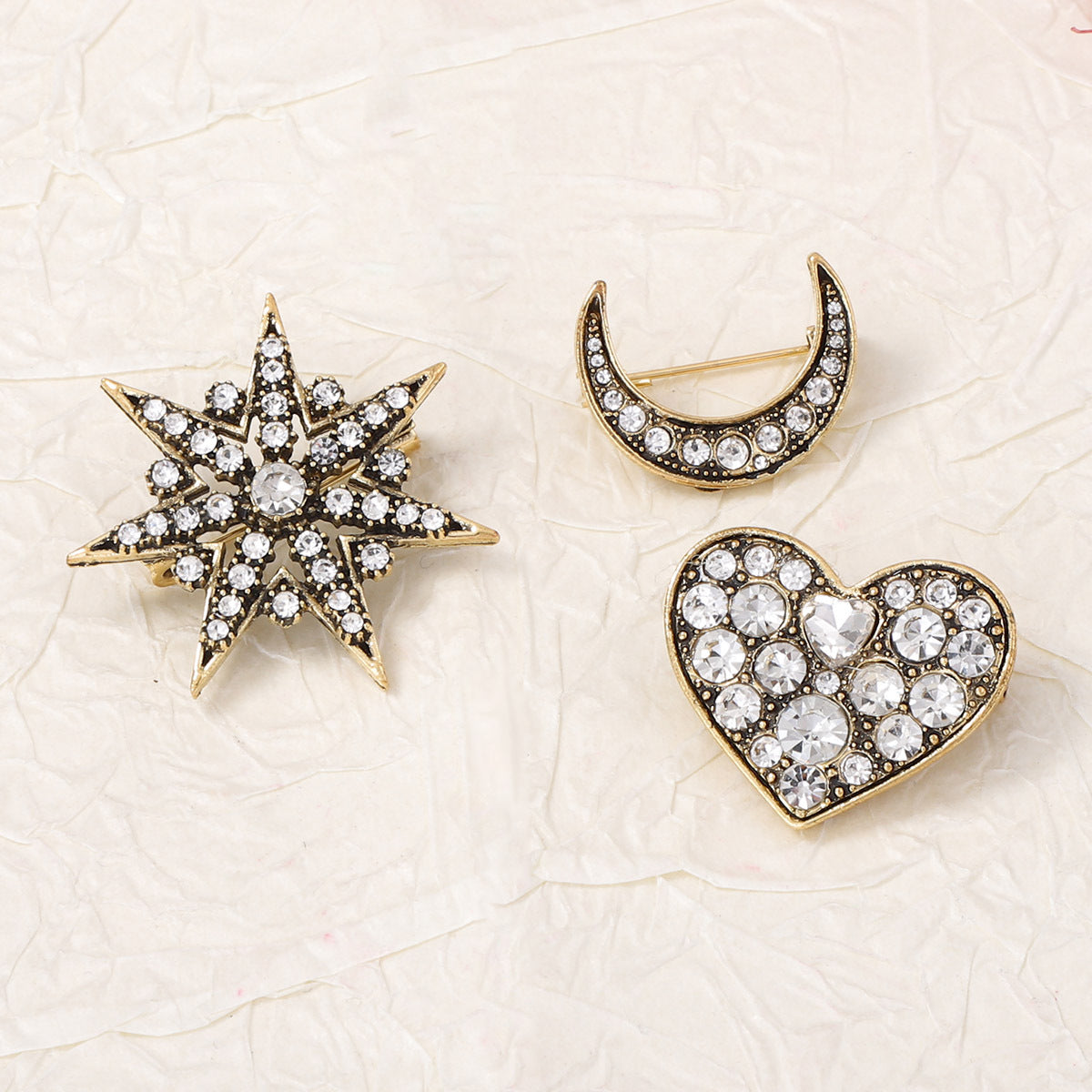 Elegant Minimalist Alloys Set of 3 Brooches Featuring Full-Crystal Stars and Moon for Women - Perfect Accessory for Any Occasion