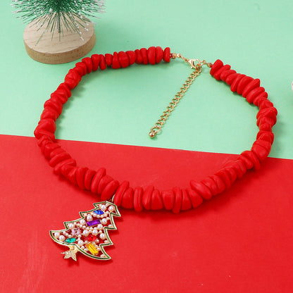 Elegant Minimalist Alloy Christmas Tree Pendant Necklace with Pearl Beads and Rhinestones - Unique Holiday Jewelry Gift