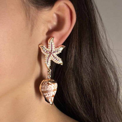 Charming Innovative Design: Zirconia-Embellished Alloy Starfish and Unique Seashell Earrings for Ocean-Themed Leisure and Vacation Style