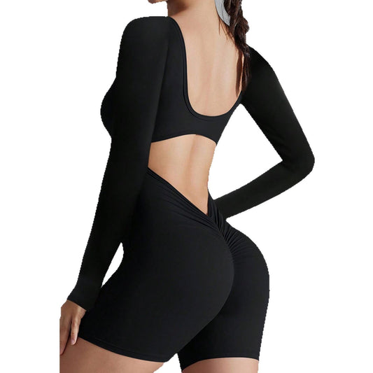 Long Sleeve Bodysuit with Shorts for Yoga and Outdoor Fitness Square Neck Open Back and Butt Lifting Design