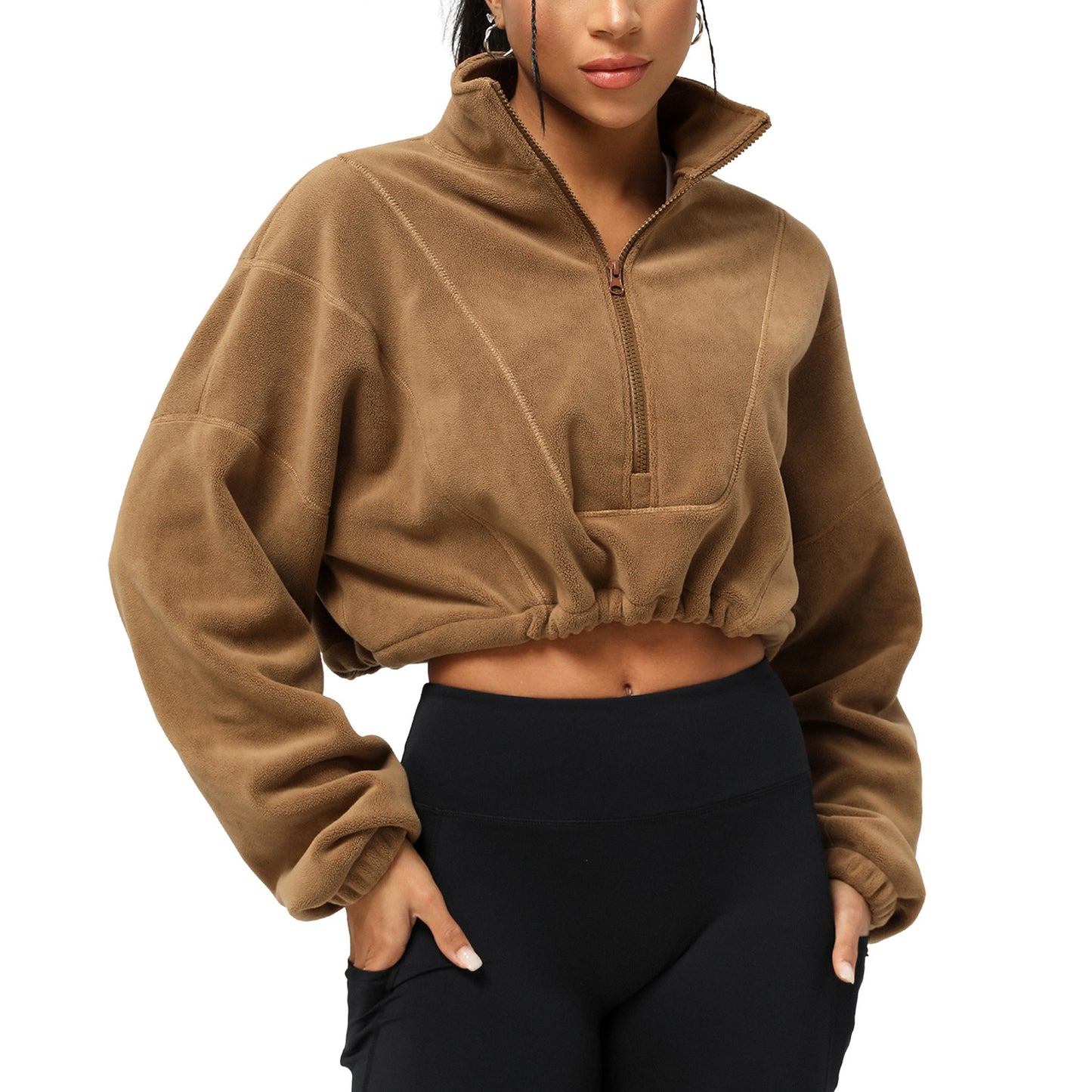 Cozy Fall Winter Thick Plush Fleece Zip Up Jacket with Stand Collar Short Relaxed Fit Sweatshirt for Women for Casual Wear and Active Lifestyle