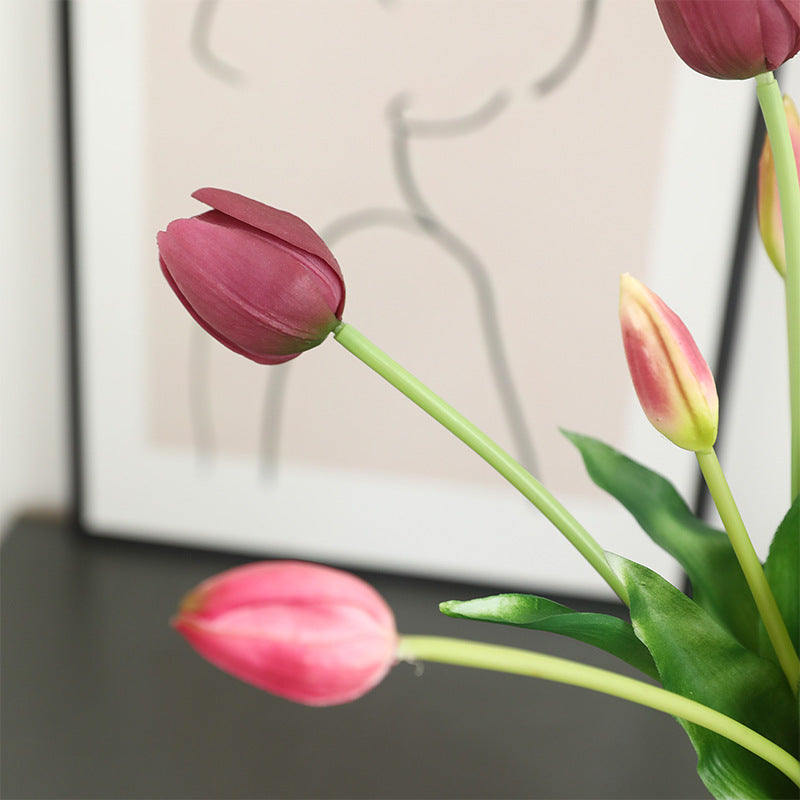 Realistic Faux Tulip Flower Bouquet - Set of 3 Soft Rubber Tulip Stems for Stunning Home Decor, Living Room Decoration, and Photography Props