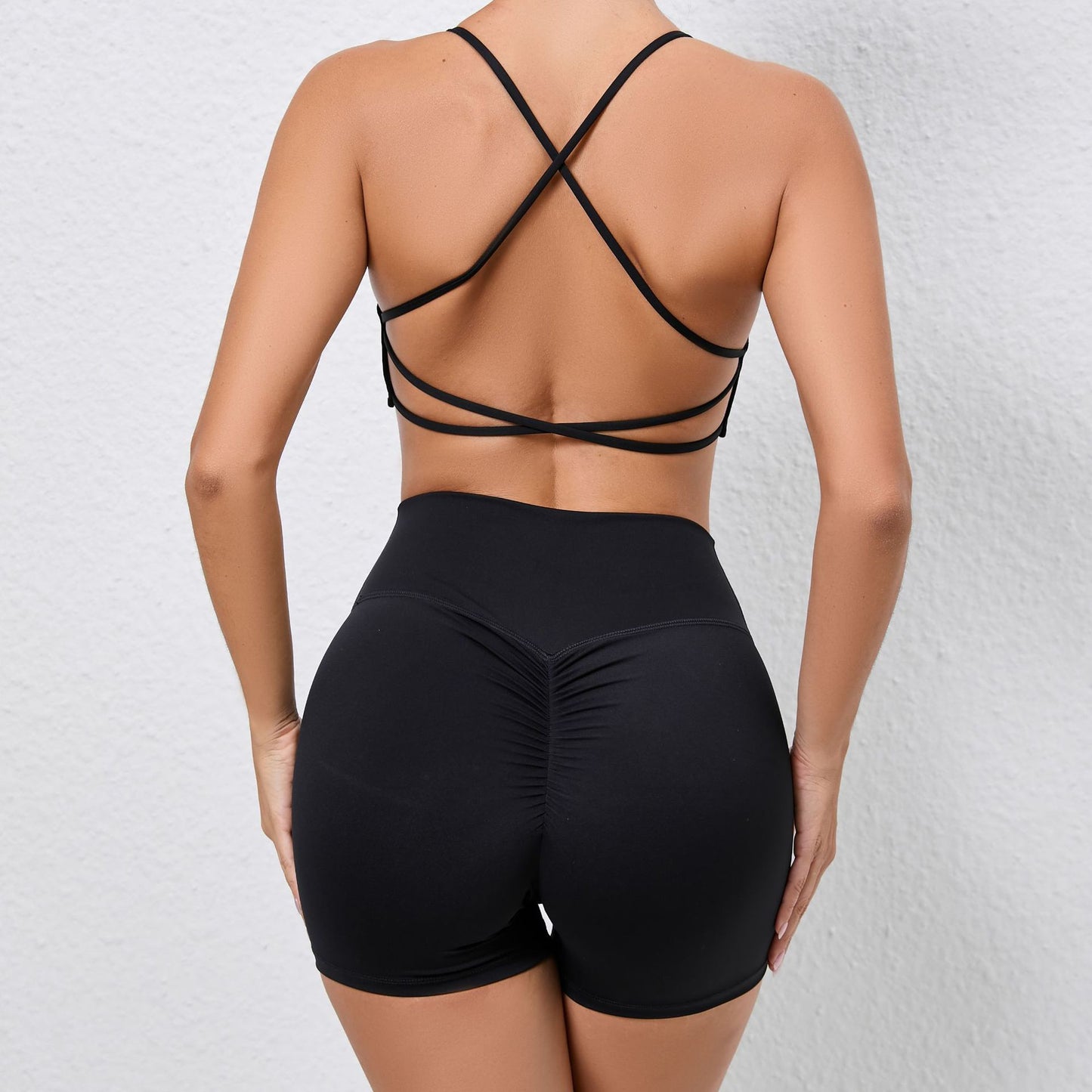 Cross Back Sports Bra and Peachy Butt Shorts Yoga Set Quick Dry Moisture Wicking Workout Outfit for Running Fitness and Gym