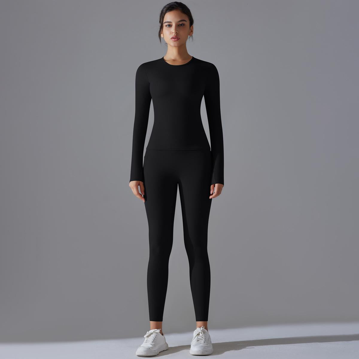 High Stretch Breathable Brushed Nylon Long Sleeve Yoga Outfit Two Piece Compression Workout Set for Running and Fitness