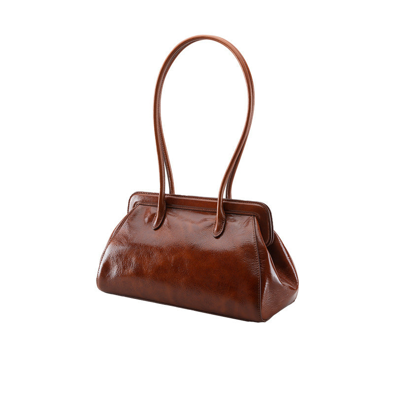 Luxury Large Capacity Genuine Leather Handbag for Women Grain Oil Wax Cowhide Shoulder Bag with Elegant Design