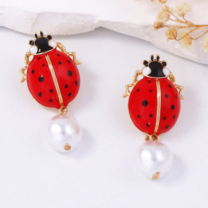 Creative Alloy Design Adjustable Dripping Oil Insect Ladybug Pendant Earrings with Faux Pearl Accents for Women - Unique Fashion Accessories