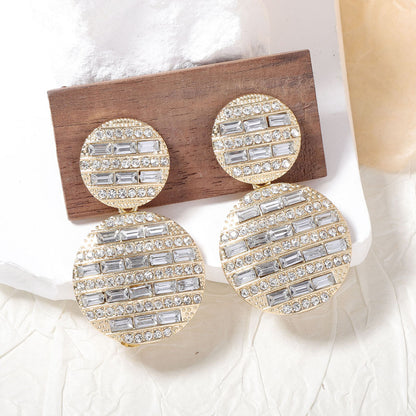 Stunning Simple Geometric Round Pendant Earrings with Full Diamond Sparkle – Perfect for Everyday Glamour and Effortless Chic Style