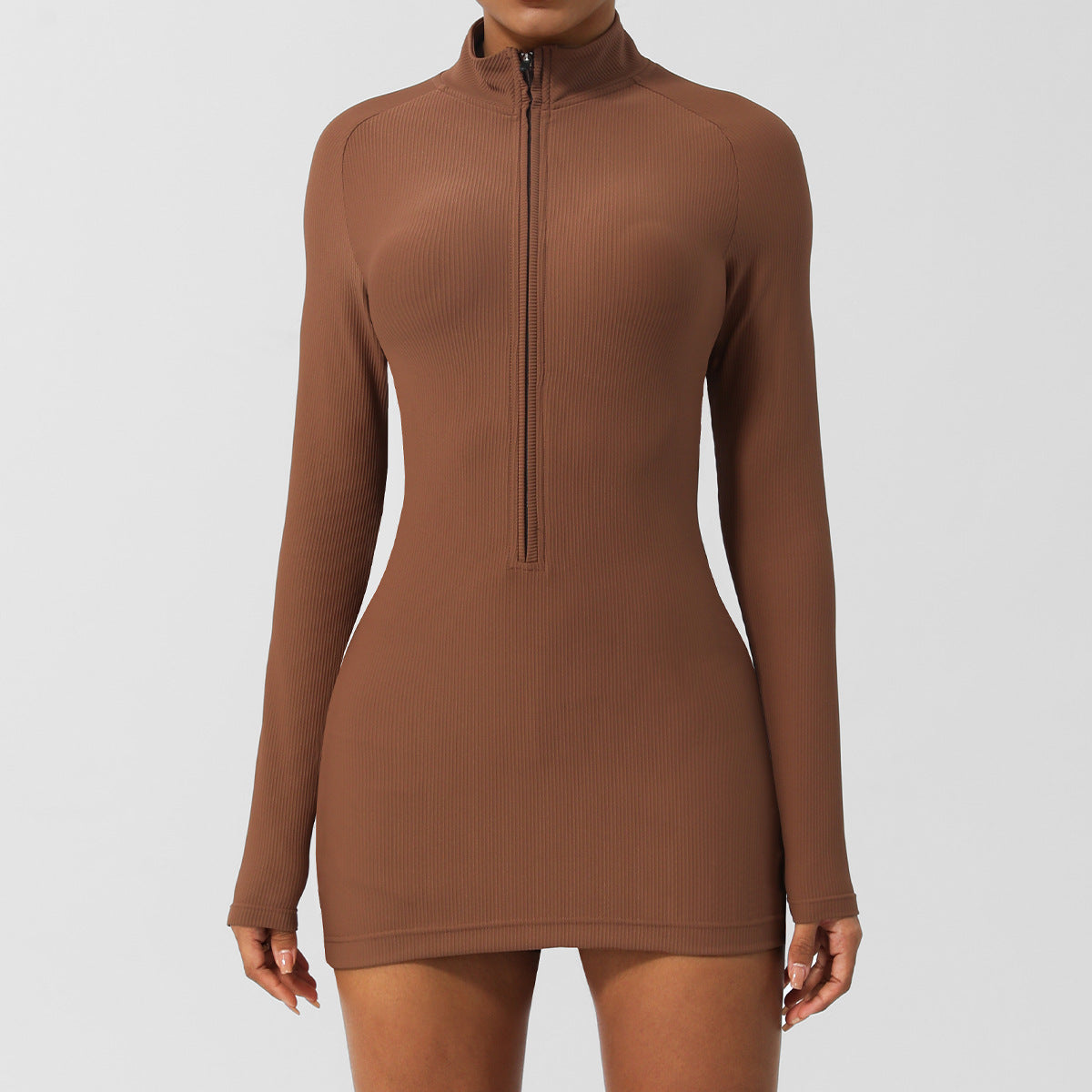 Women's Ribbed Half Zip Long Sleeve Jumpsuit and Slim Fit Polo Collar Mini Dress for Casual Sportswear Everyday Chic