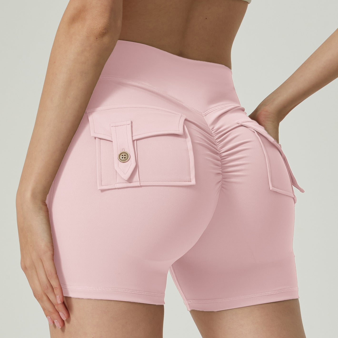 High Waisted Pocketed Yoga Shorts for Women Flattering Boosted Peach Butt No Show Thong Line for Gym and Outdoor Activities