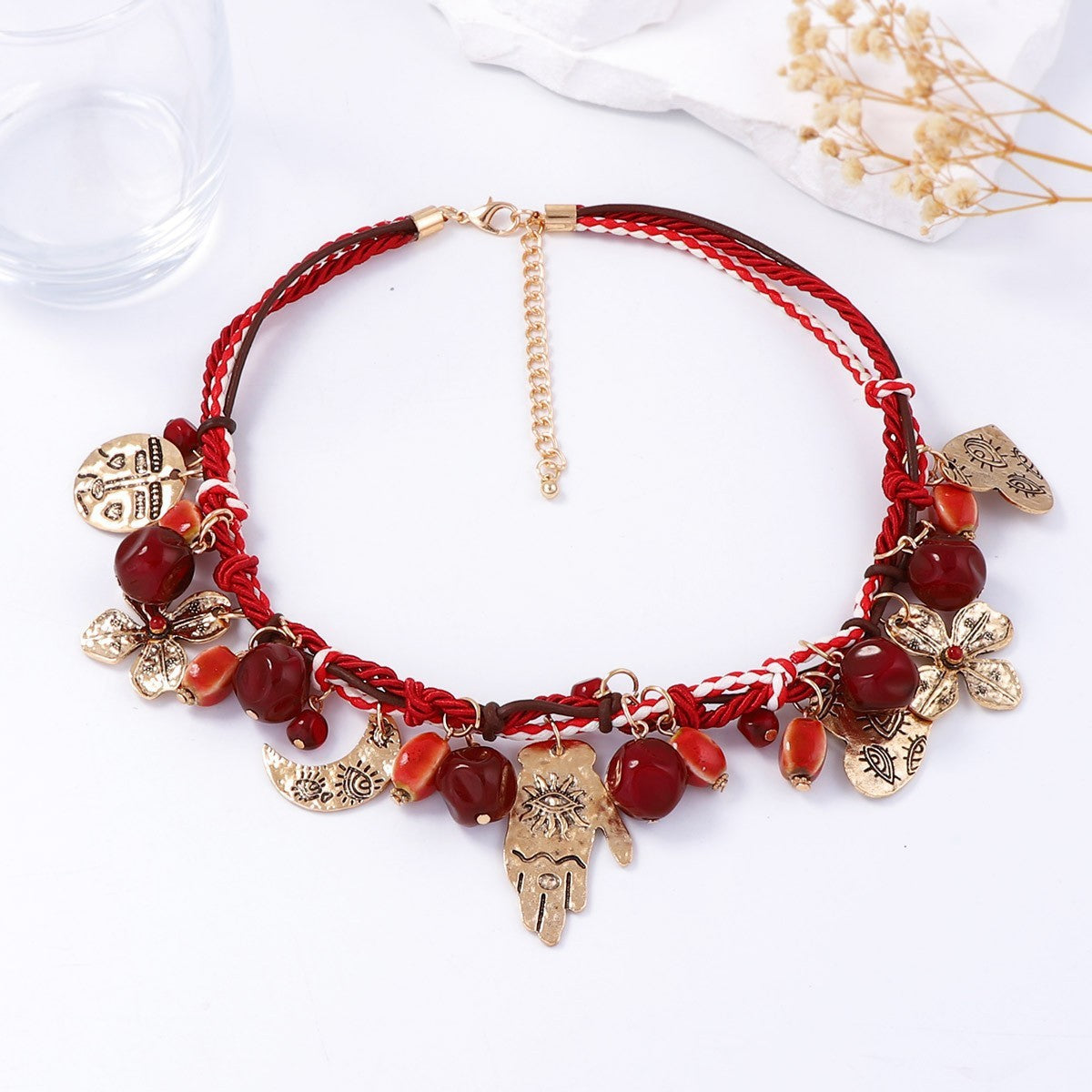 Bohemian Handcrafted Colorful Triple-Strand Red String Necklace with Alloy Charms - Versatile Casual Jewelry for Every Occasion