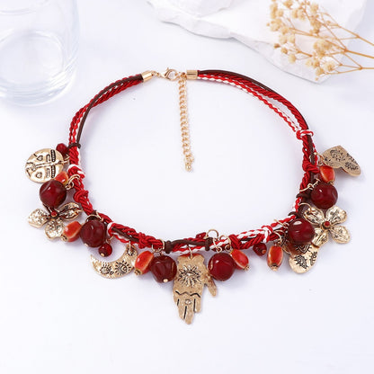 Bohemian Handcrafted Colorful Triple-Strand Red String Necklace with Alloy Charms - Versatile Casual Jewelry for Every Occasion