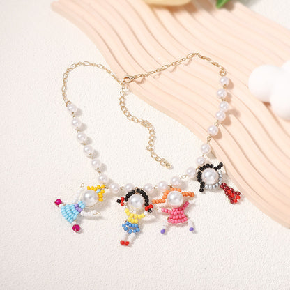 Stylish Summer Handmade Beaded Cartoon Character 3D Necklace and Bracelet Set - Unique, Fresh Design Inspired by Pearl Accents for Trendy Fashion Lovers