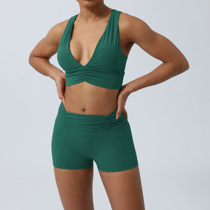 Spring Summer Yoga Set Beautiful Back Sports Bra with Ruching and High Waisted Mid Length Shorts for Comfort and Performance