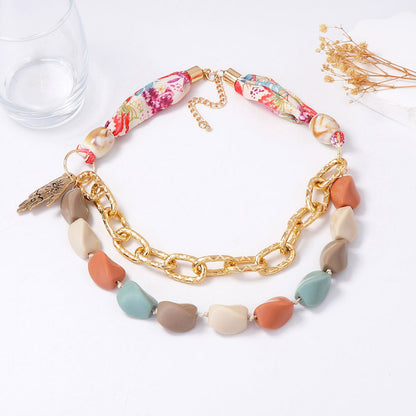 Unique Creative Geometric Multi-Color Beaded Pendant Necklace with Ribbon Design – Versatile Fashion Accessory for Any Occasion