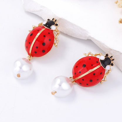 Creative Alloy Design Adjustable Dripping Oil Insect Ladybug Pendant Earrings with Faux Pearl Accents for Women - Unique Fashion Accessories