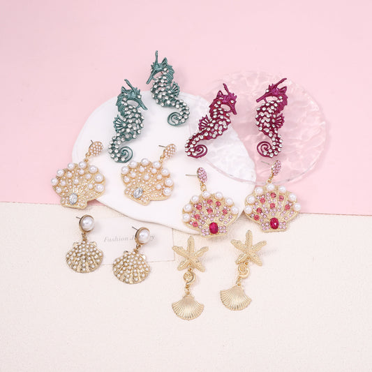 Stylish Hollow Design With Rhinestones and 3D Seahorse & Starfish Earrings - Vintage-Inspired Faux Pearl Drop Earrings - Perfect for Any Occasion!