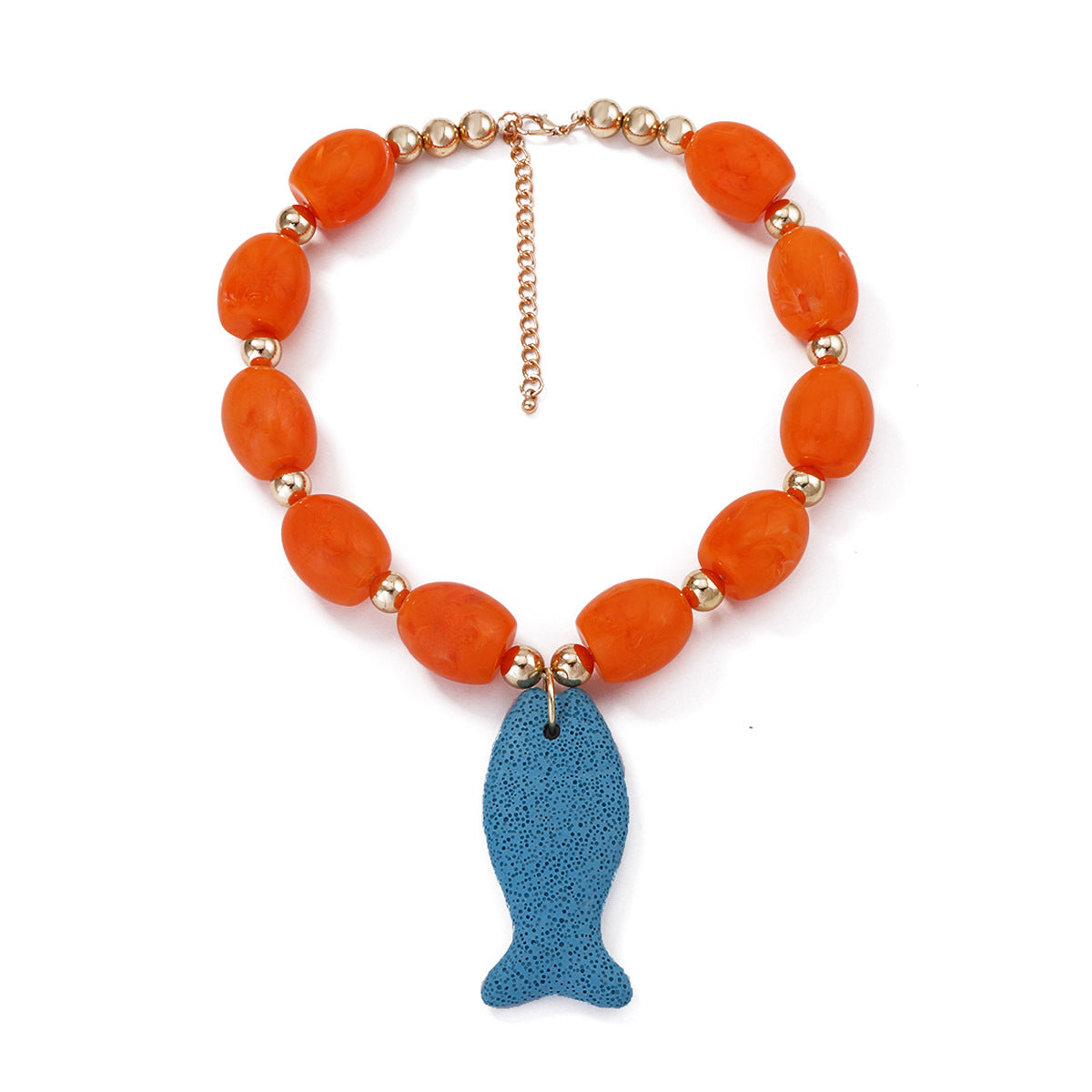 Stunning Casual Ocean-Inspired Volcanic Stone Fish Pendant Beaded Necklace - Unique Statement Accessory for Women