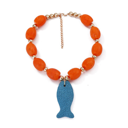 Stunning Casual Ocean-Inspired Volcanic Stone Fish Pendant Beaded Necklace - Unique Statement Accessory for Women
