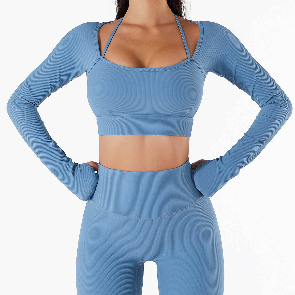 Spring Summer Ribbed Long Sleeve Yoga Top for Women Workout Shirt with Built in Bra Quick Dry Fitness Apparel 6256