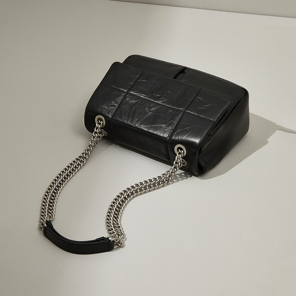Korean Inspired Chain Handle Crossbody Bag Grain Leather Spacious Design and Unique Style for Everyday Use