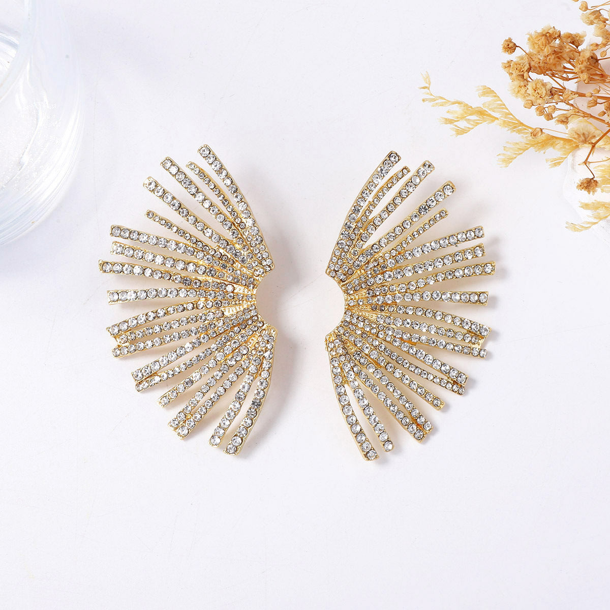 Elegant Geometric Irregular Fan-Shaped Alloy Stud Earrings with Full Rhinestones - A Luxurious Minimalist Accessory for Women