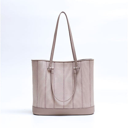 Vintage Striped Canvas and Leather Tote Bag Oversized Bucket Design Shoulder and Handheld Carry Option