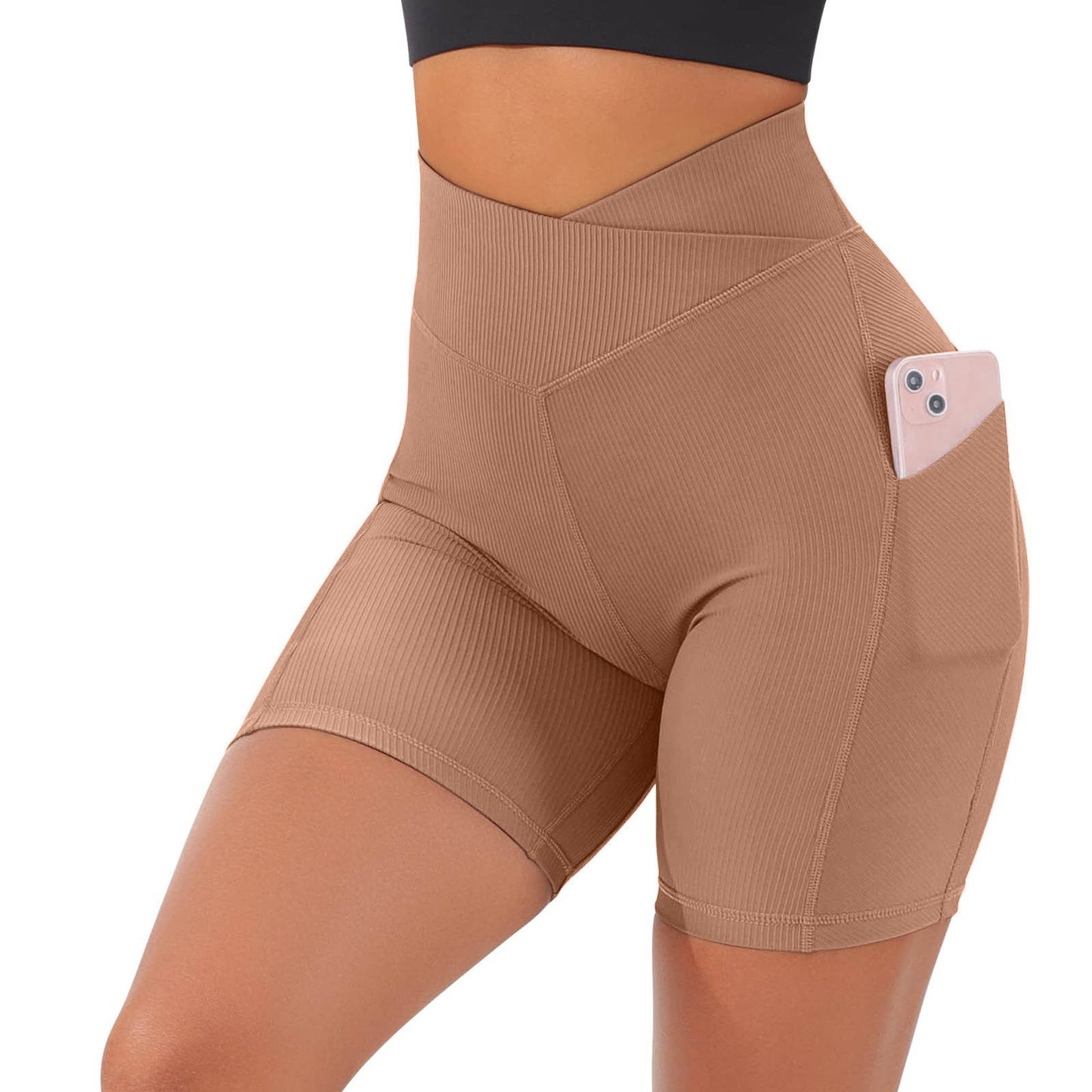 High Performance Women's Athletic Shorts with Pockets Butt Lifting Cross Waist Ribbed Yoga Shorts for an Active Lifestyle