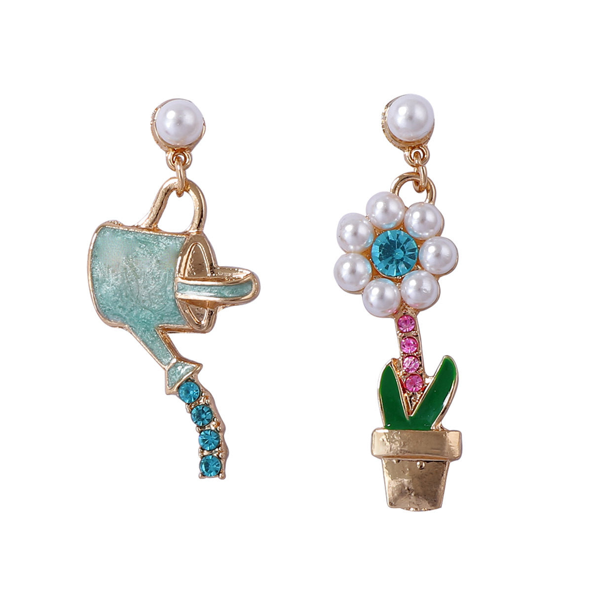 Chic Japanese and Korean Style Asymmetrical Alloy Drop Oil Pendant Earrings with Rhinestone-Studded Floral Design and Imitation Pearl Accents - Perfect for Any Occasion