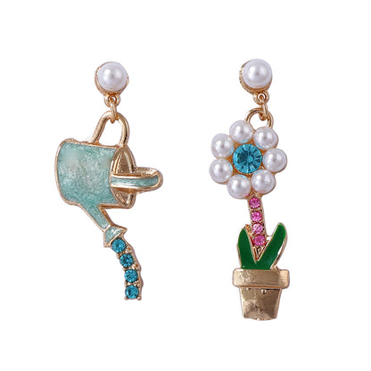 Chic Japanese and Korean Style Asymmetrical Alloy Drop Oil Pendant Earrings with Rhinestone-Studded Floral Design and Imitation Pearl Accents - Perfect for Any Occasion