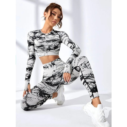 Seamless Tie Dye Long Sleeve Yoga Set for Women High Waisted Butt Lifting Leggings and Top for Outdoor Running and Fitness