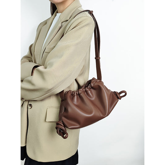 Genuine Leather Women's Wrinkled Cloud Bag Chic Korean Inspired Fashion for Casual Wear Shoulder and Crossbody Options