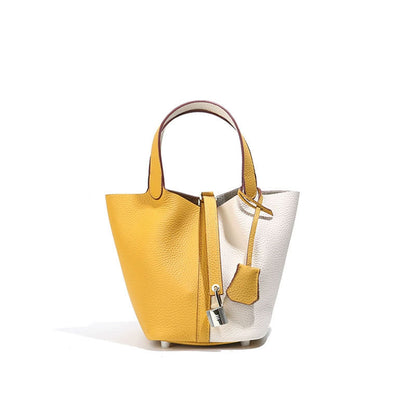 Genuine Leather Classic Fashion Tote Bag and Versatile Bucket Bag with Leather Lock Closure for Handheld or Shoulder Carry