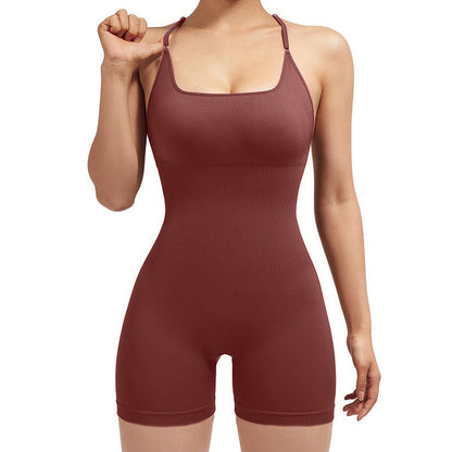 Seamless Wind Yoga Bodysuit with Crossed Thin Straps Chic Back Design and Comfortable Shorts for Flexibility and Style