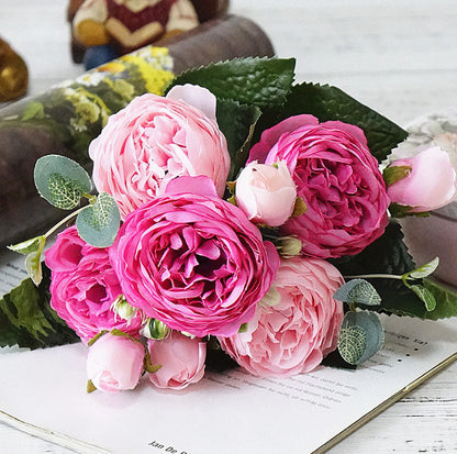 Luxurious 5-Head Persian Peony Soft Silk Flower Bouquet - Realistic Faux Roses for Elegant Home and Living Room Décor