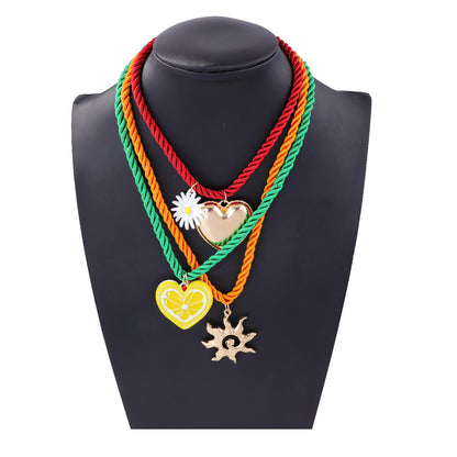 Charming Summer Multi-Layered Colorful Heart Pendant Necklace with Cute Flower Accents - Ideal for Casual Vacations and Stylish Outings