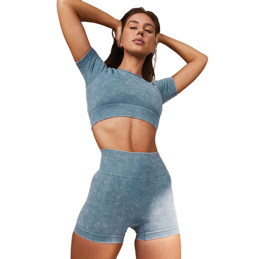 Summer Water Washable Yoga Set for Women 2 Piece Short Sleeve Gym Outfit with Denim Look Shock Proof Design and Comfort for All Fitness Levels