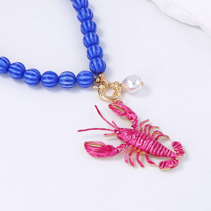 Alloy Lobster Pendant Beaded Necklace – Perfect for Beach Vacations, Boho Style Jewelry for Women, Ocean-Inspired Accessories for Coastal Fun