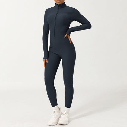 Zip Front Ribbed Long Sleeve Yoga Bodysuit High Neck Slim Fit Athletic One Piece for and Performance