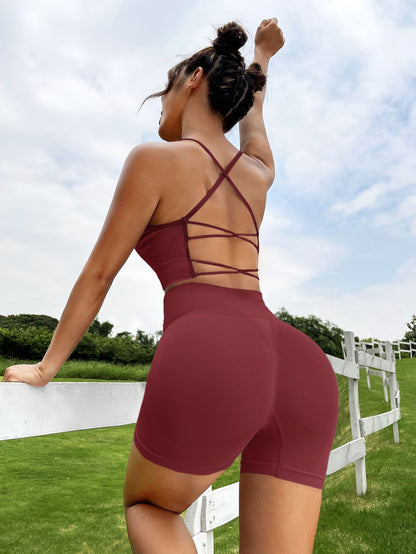 Seamless Summer Cross Back Sports Bra High Waisted Butt Lifting Shorts 2 Piece Women's Yoga Activewear Set for Outdoor Running and Fitness