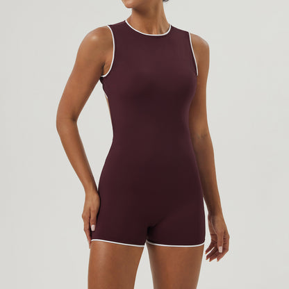 Color Block Backless Athletic Romper with Built In Support Form Fitting Butt Lifting Women's Sleeveless Yoga Bodysuit