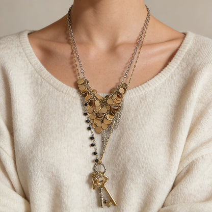 Chic Luxury Alloy Key Pendant Necklace with Metal Round Charm and Elegant Tassel – Perfect for Layering with Your Favorite Outfits